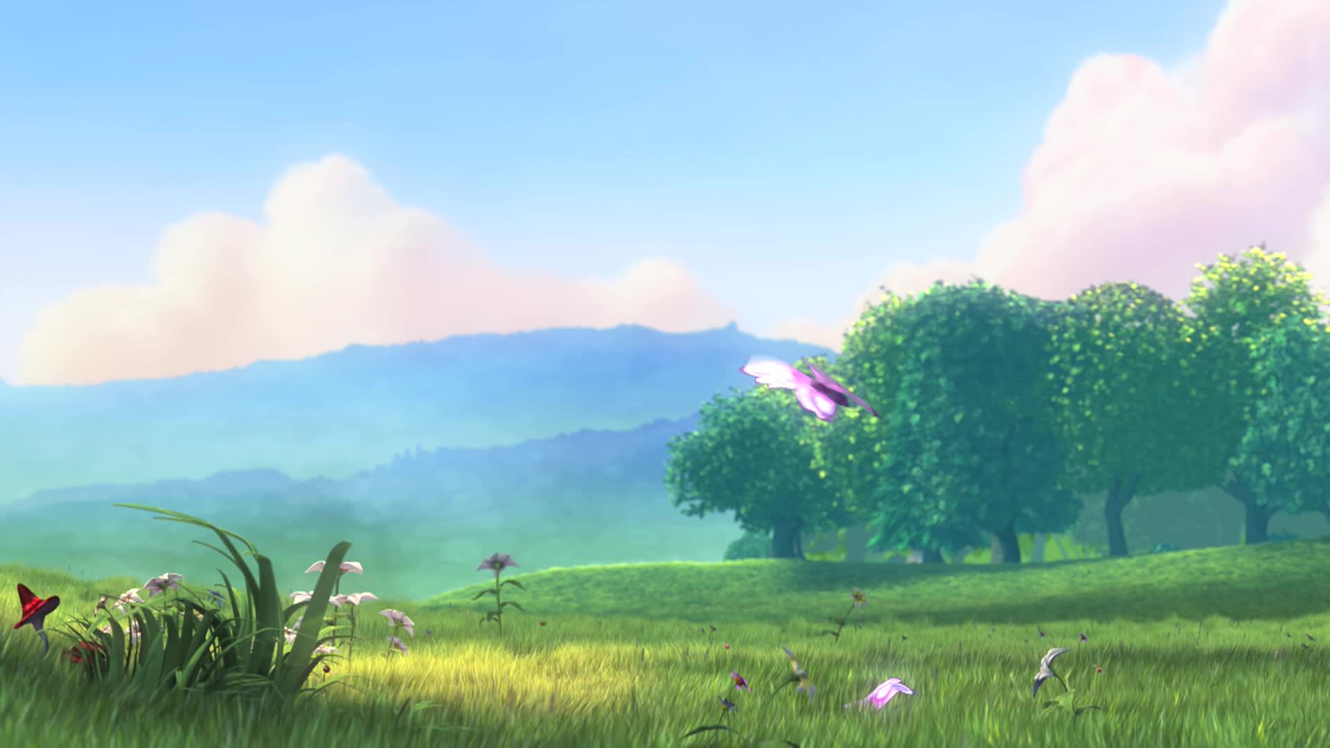 A sunny, animated meadow scene with tall green grass and various wildflowers in bloom. Two butterflies, one purple and one red, flutter above the grass. In the background, lush green trees stand before a range of hazy blue hills under a bright blue sky with soft, puffy clouds.
